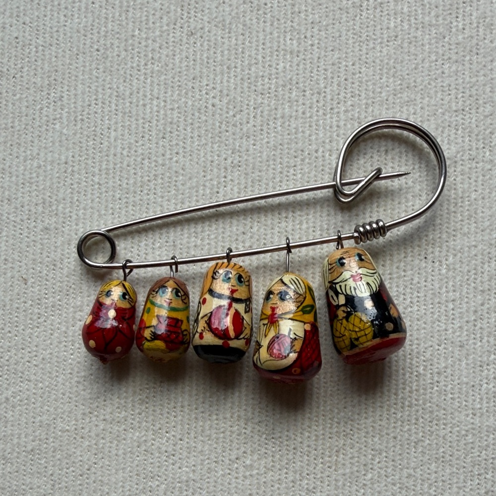 Ukranian Matryoshka Doll Charm Safety Pin Brooch in Red, Yellow, Black